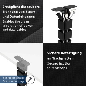 Vertikale SOTECH CAVO Kabelführung schwarz, 27 Segmente, für höhenverstellbare Schreibtische. Organisiert Strom- & Datenkabel, Schraubmontage.