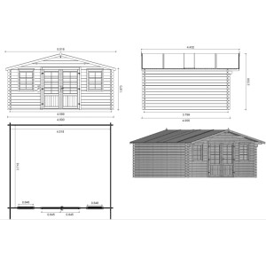 Technische Zeichnung Gartenhaus Altanka 19.2 m² aus Holz mit Maßen und Ansichten.