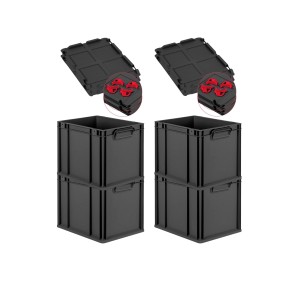 PROREGAL SuperSparSet: 4 schwarze Euroboxen mit Deckel und roten Verschlüssen, 30 Liter.