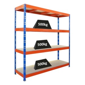 PROREGAL Profi Schwerlastregal Rhino HxBxT 200x200x60cm 4 Spanplatten-Ebenen 16mm Fachlast 500kg Blau/Orange Stecksystem Lagerregal Steckregal