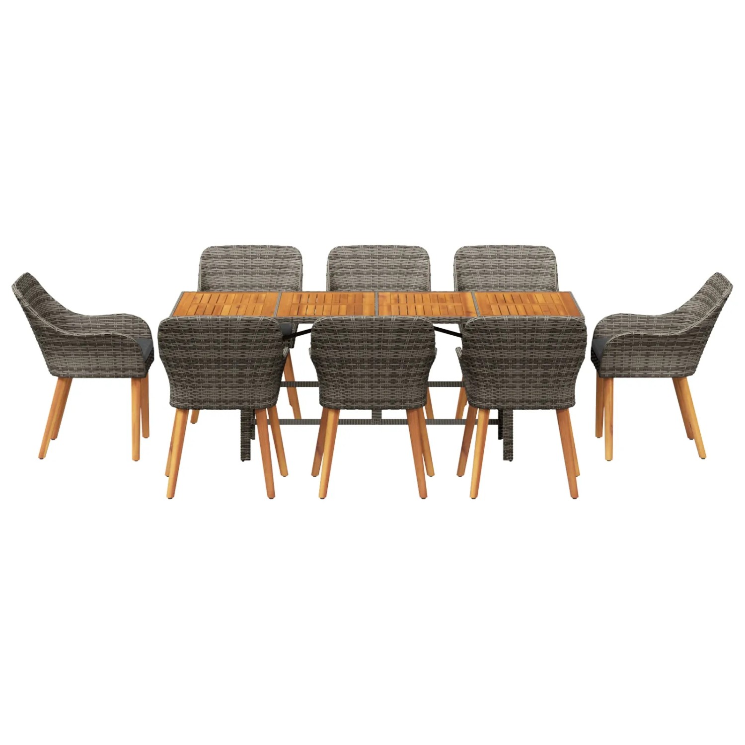 9-teilige Garten Essgruppe Grau mit Akazienholz Tischplatte und Rattan Stühlen.