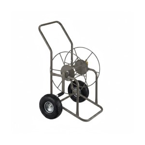 Brauner Relaxdays Schlauchwagen aus Stahl mit Kurbel und Lufträdern für Gartenschläuche.