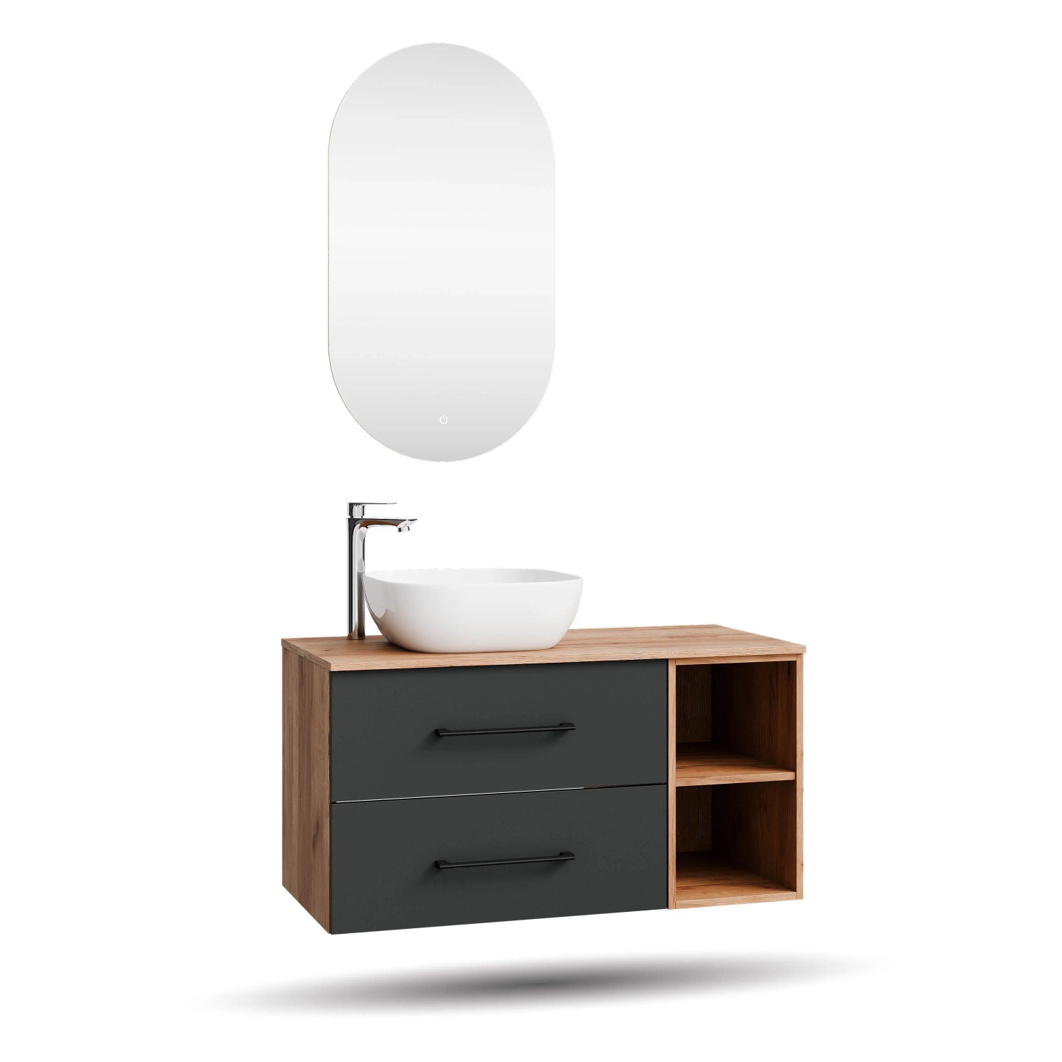 Planetmöbel LUX Badmöbel Set 100 cm mit Aufsatzwaschbecken 42,5 cm Weiß LED Spiegel Soft Close