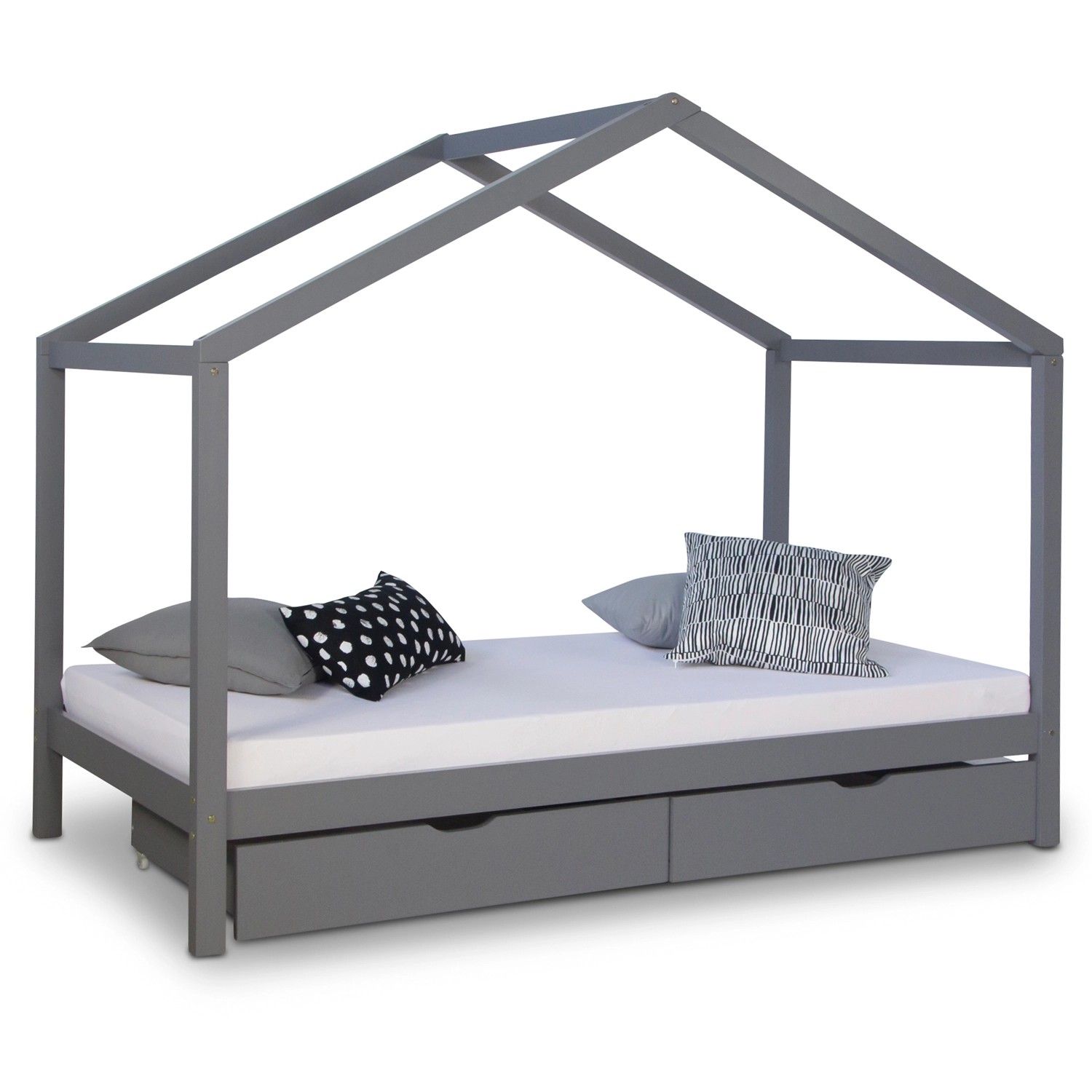 Homestyle4u Hausbett 90 x 200 cm Grau mit Matratze und Bettkasten 2076