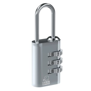 Silbernes Basi Kofferschloss KS 611 mit einstellbarer Zahlenkombination und Aluminiumgehäuse.