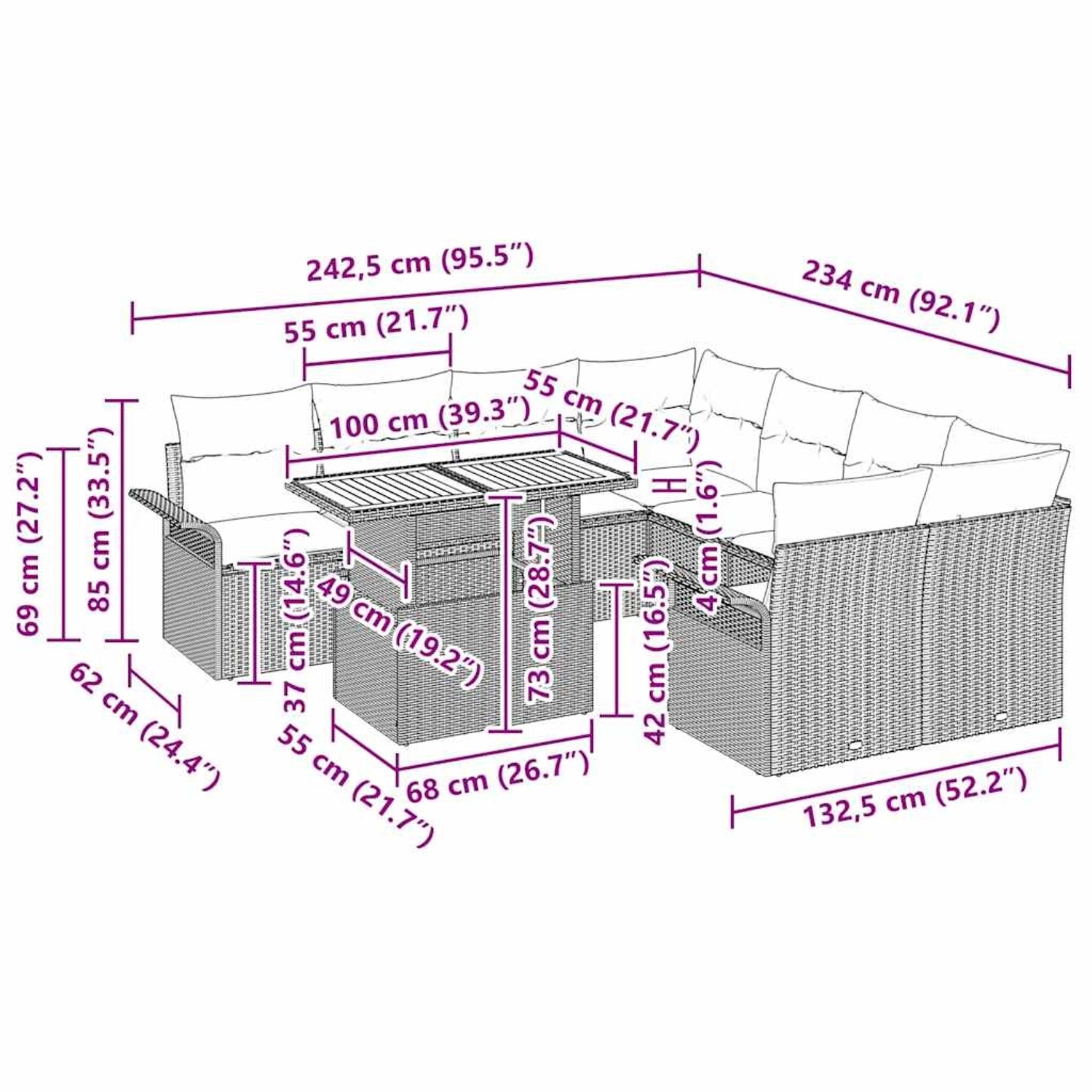 Beiges 9-teiliges vidaXL Garten-Sofa-Set aus Poly Rattan mit Stauraum.