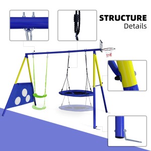 CCLIFE Schaukelgestell mit Nestschaukel, Kinderschaukel, Basketballkorb und Fußballnetz.