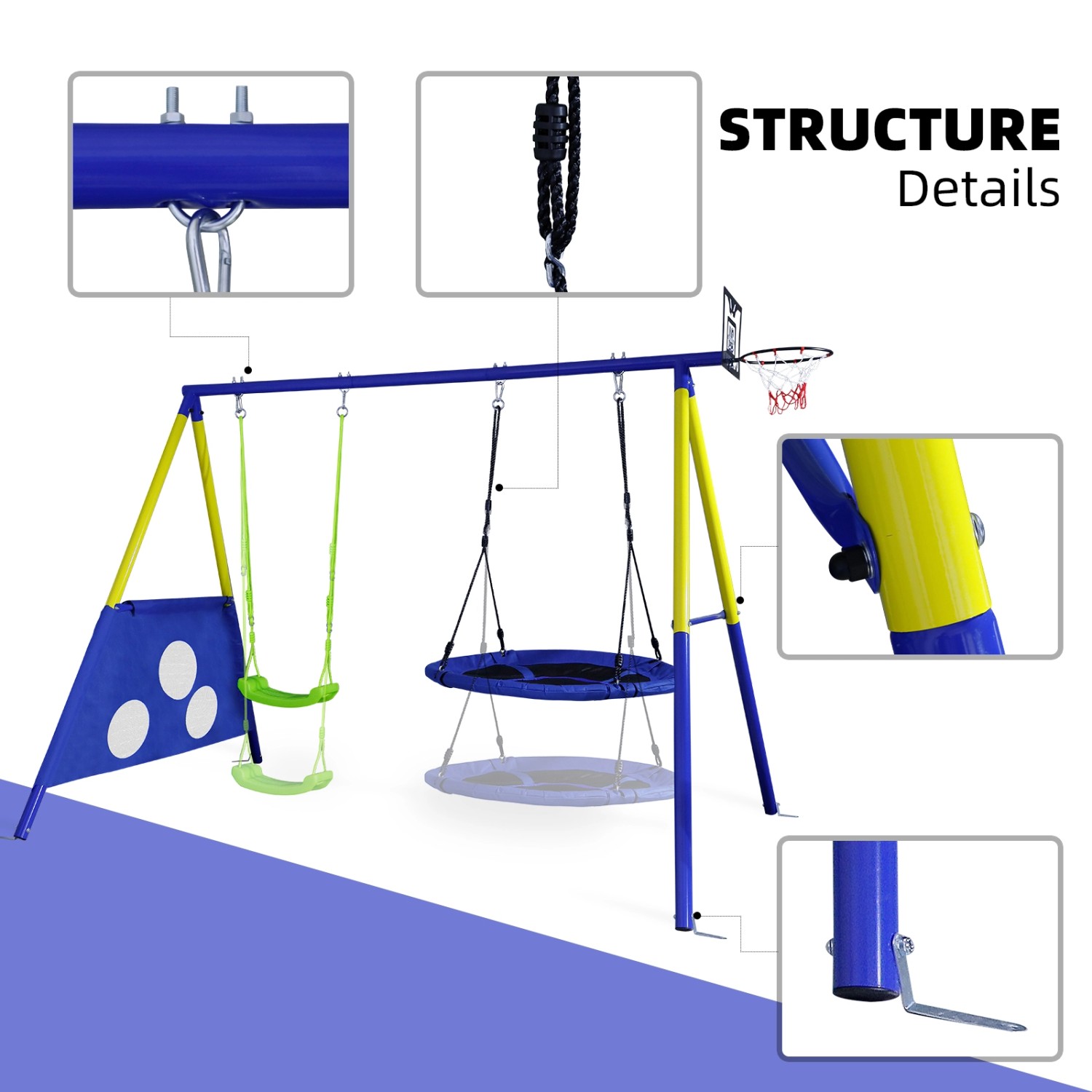 CCLIFE Schaukelgestell mit Nestschaukel, Kinderschaukel, Basketballkorb und Fußballnetz.