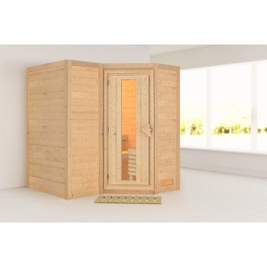 Woodfeeling Sauna Steena 1 mit Eckeinstieg, naturbelassen. Massivholzsauna mit Glastür.