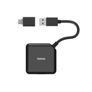 Schwarzer Hama USB-Hub mit 4 Ports, USB 3.2 Gen1 und USB-C Adapter für Computer & Multimedia.