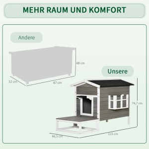 PawHut Katzenhaus mit Terrasse und Balkon, Maße: 115x66,5x74,7cm.