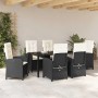 7-teilige Garten Essgruppe aus Poly Rattan, schwarz, mit Tisch und Stühlen mit cremefarbenen Auflagen.