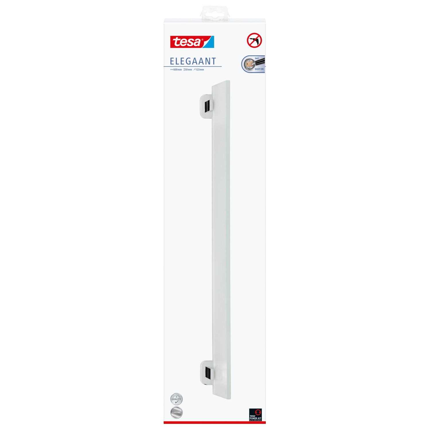 Tesa Elegaant Glasablage Chrom, Bad-Wandregal zur Wandmontage ohne Bohren.