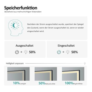 Emke Badspiegel mit Beleuchtung: Speicherfunktion, Helligkeitseinstellung und Ein/Aus-Status dargestellt.