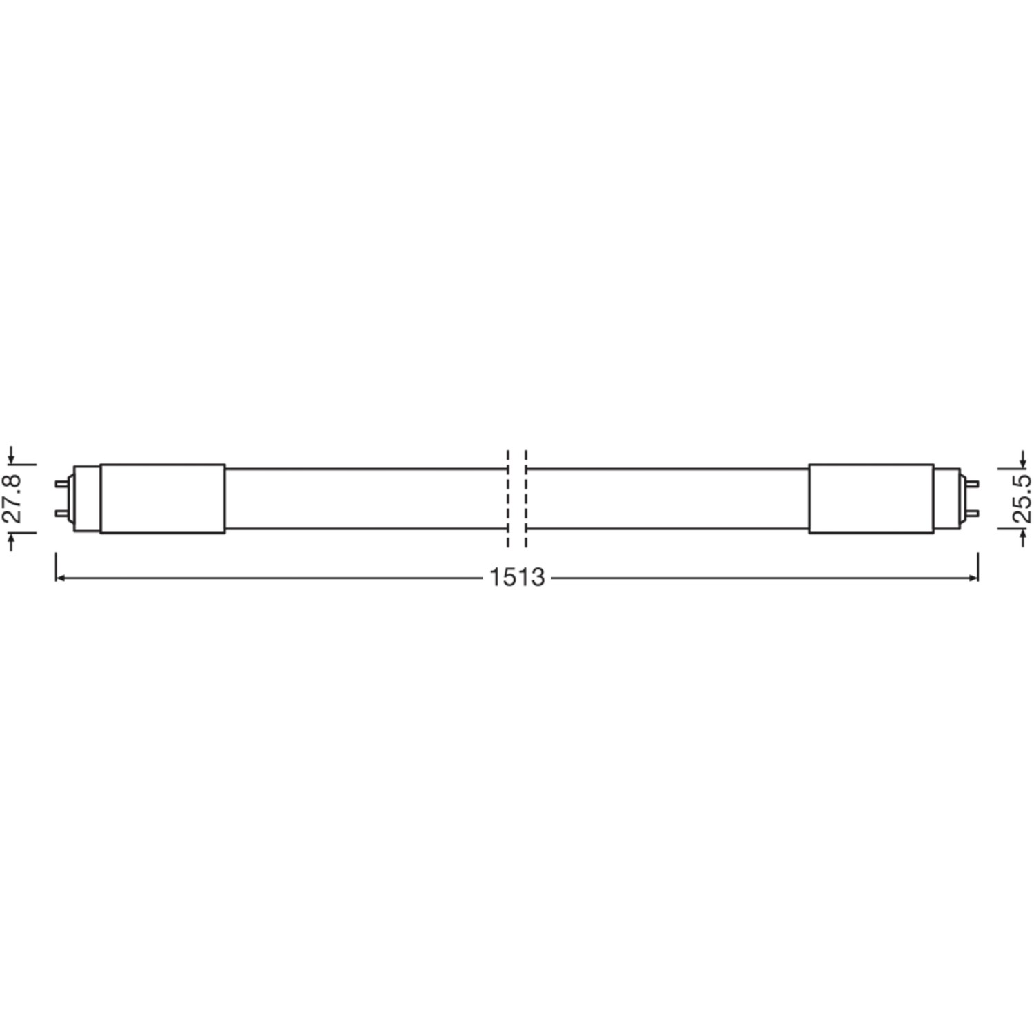 Technische Zeichnung: Osram LED-Leuchtstofflampe, 24W, 151,3cm, G13 Sockel, Warmweiß, Maße