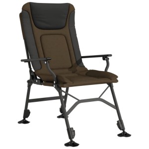Klappbarer Angelstuhl in Taupe/Schwarz mit Armlehnen und verstellbaren Füßen.