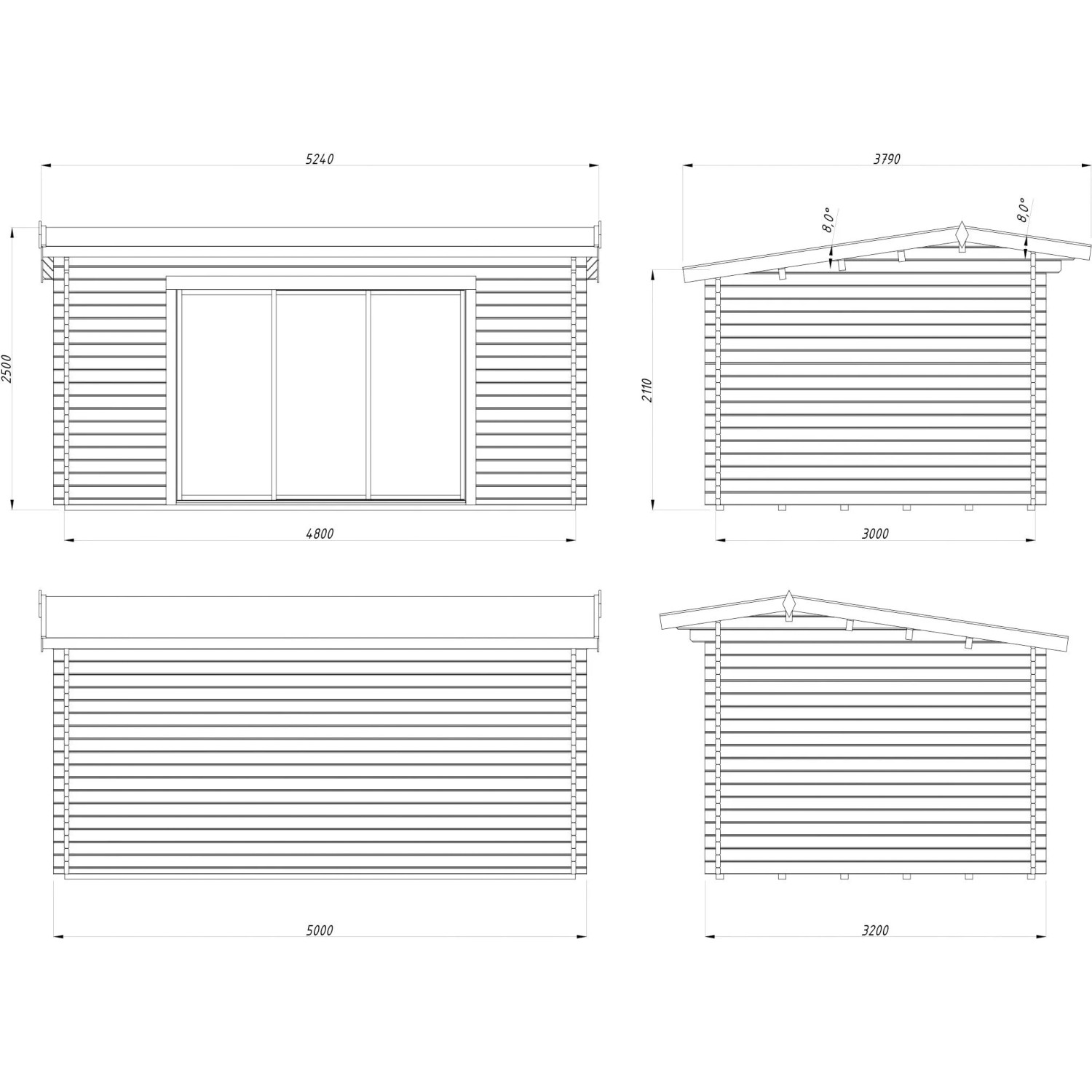 Technische Zeichnung Palmako Gartenhaus Ines Slide Plus, braun, 480x300 cm, mit Schiebetür.