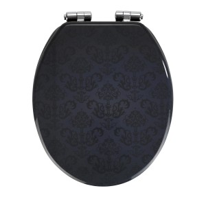 Wenko WC-Sitz Bellevue aus MDF, dunkelblau mit Ornamenten und Absenkautomatik.