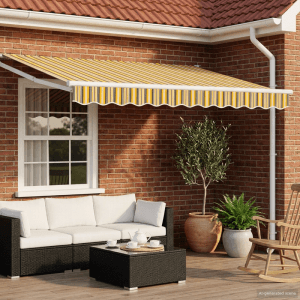 Elektrische Markise gelb-grau gestreift, ausziehbar, über Terrasse mit Möbeln. Sonnenschutz für den Außenbereich.