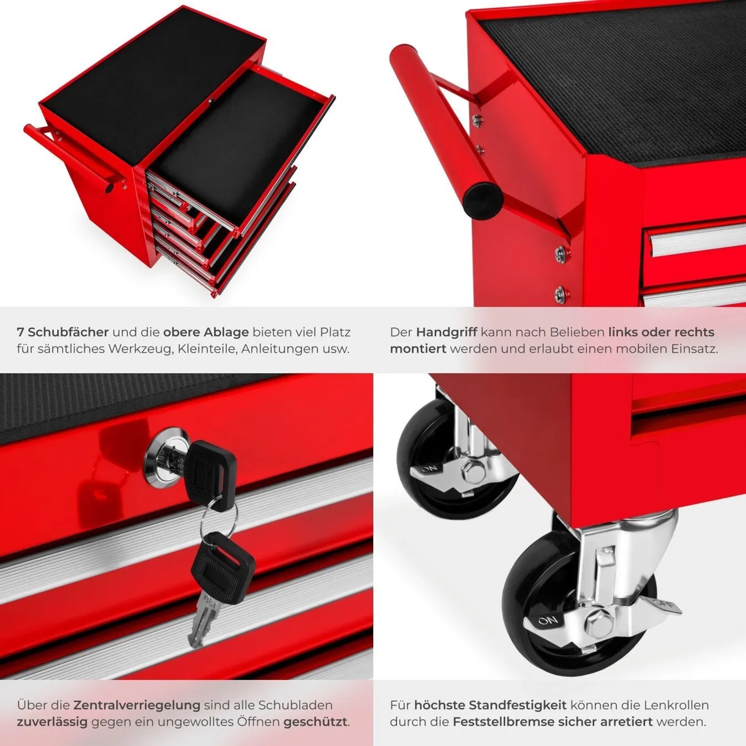 Tectake Werkzeugwagen  7 Kugelgelagerte Schubladen Mit Antirutschmatten Belastbarkeit 150 kg  69 x 33 x 79 cm Rot_4