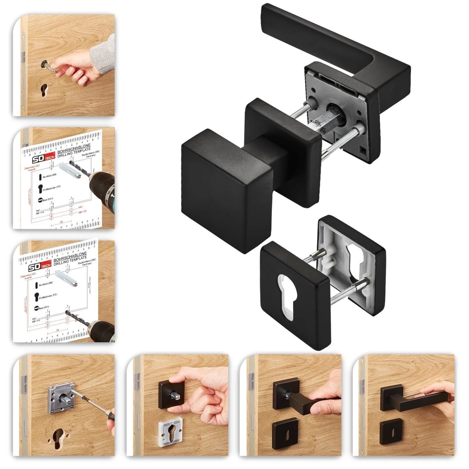 SOTECH Türdrückergarnitur CUBE Schwarz Rosette Profilzylinder Knauf mit Befestigungsmaterial_5