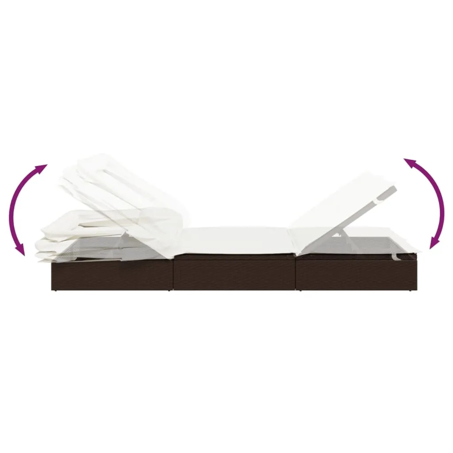 Braune 2-Personen-Sonnenliege mit verstellbarem Dach und cremeweißen Kissen aus Polyrattan.
