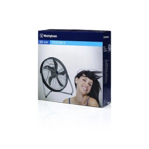 Verpackung des WESTINGHOUSE Bodenventilators Yucon 2. Windmaschine mit silbernem Standfuß und schwarzem Flügelrad.