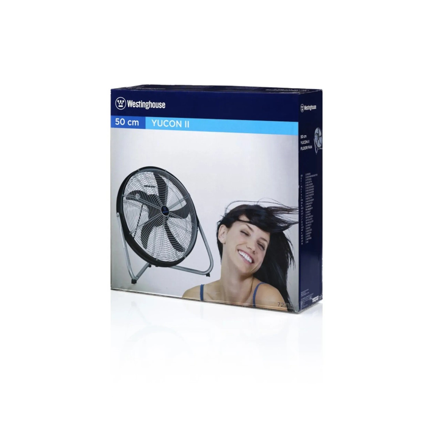 Verpackung des WESTINGHOUSE Bodenventilators Yucon 2. Windmaschine mit silbernem Standfuß und schwarzem Flügelrad.