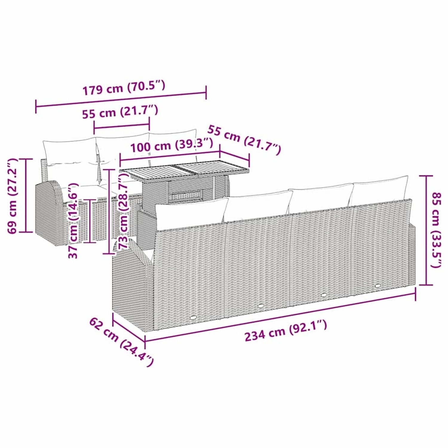 vidaXL Gartenmöbel-Set, 8-teilig, beige Poly Rattan, mit Sofa, Sesseln und Tisch, Maße eingezeichnet.
