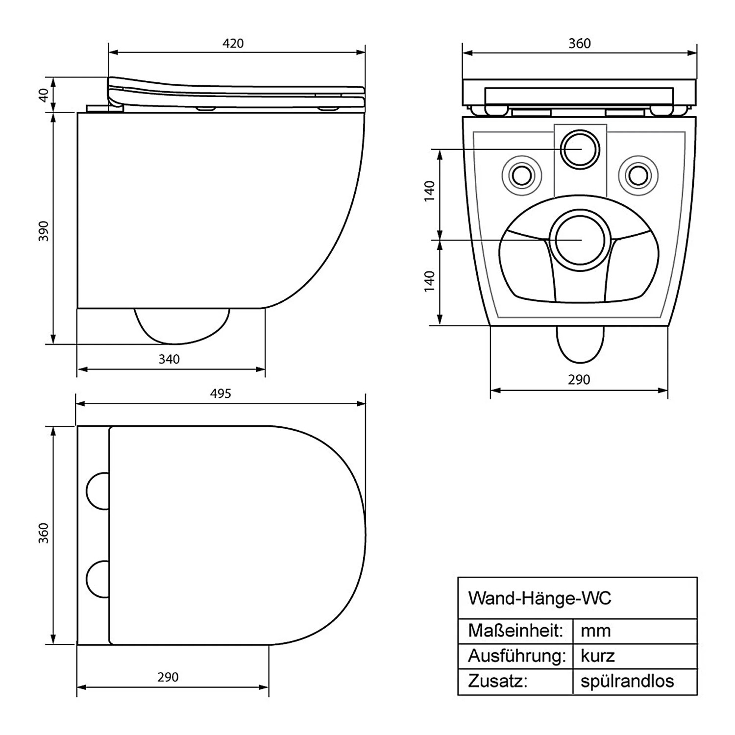 Technische Zeichnung: LuxeBath Hänge WC, spülrandlos, kurze Ausladung (49cm), Maße in mm.