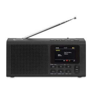 Schwarzes Dynavox DAB+ Radio DBT200 mit ausziehbarer Antenne und Farbdisplay.