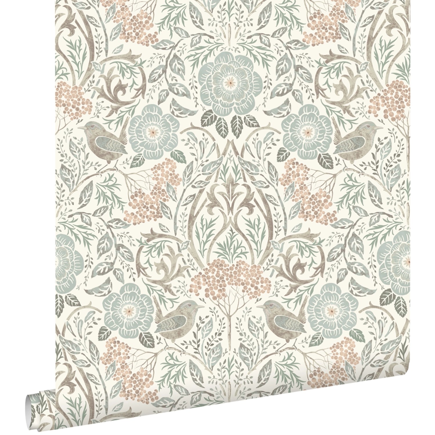 ESTAhome Tapete Blumen und Vögel im Jugendstil Graugrün Braun und Pfirsichr günstig online kaufen