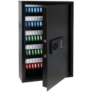Schwarzer HMF Schlüsseltresor offen, mit Elektronikschloss, 100 nummerierten Haken und farbigen Schlüsselanhängern.