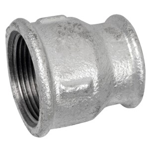 Verzinkte Kirchhoff Reduzier-Doppelmuffe, 30,3 mm x 24,2 mm, Temperguss-Fitting für Rohrverbindungen.