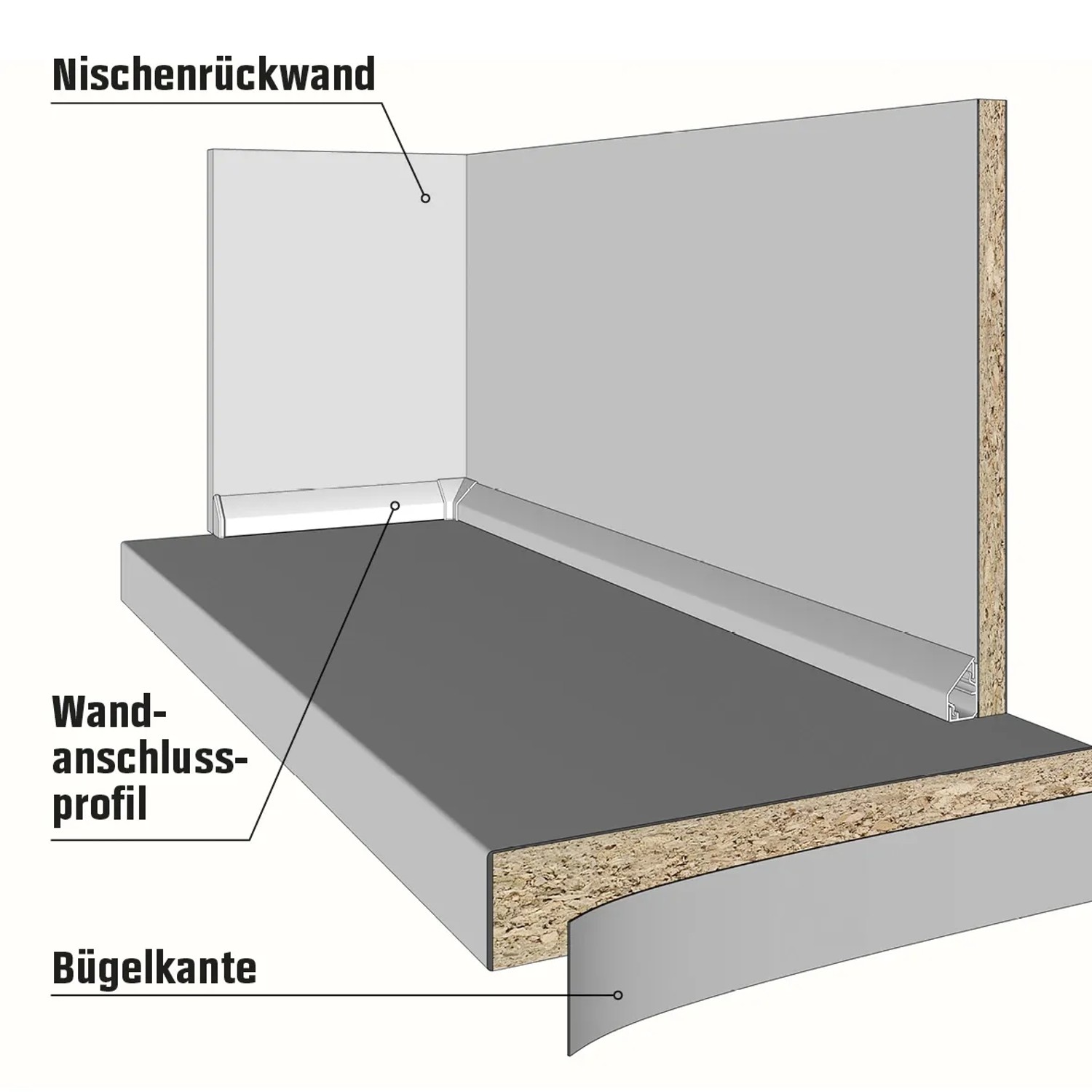 Kaindl Arbeitsplatte Arabescato, Marmor-Optik, mit Nischenrückwand und Wandanschlussprofil.