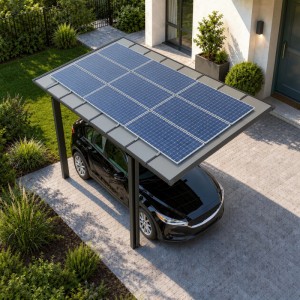 Schwarzes Ximax Solarcarport Linea mit blauen Solarmodulen schützt Auto auf Einfahrt.