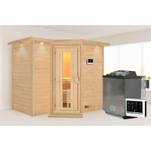 Karibu Sauna Steena 2 mit Bio-Ofen und LED-Dachkranz aus naturbelassener Fichte.