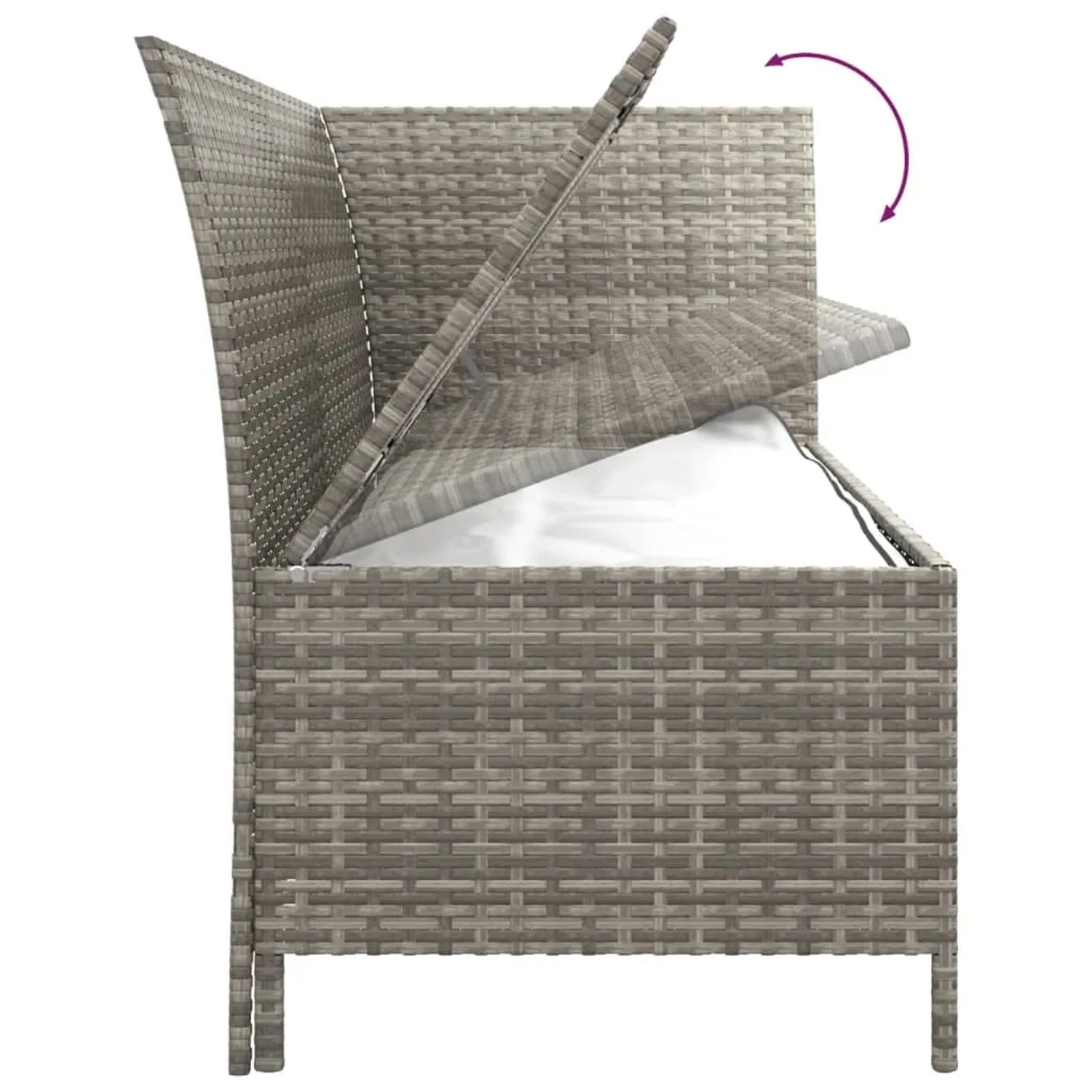 Graues Gartenlounge-Ecksofa mit Stauraum aus Polyrattan, Deckel geöffnet.