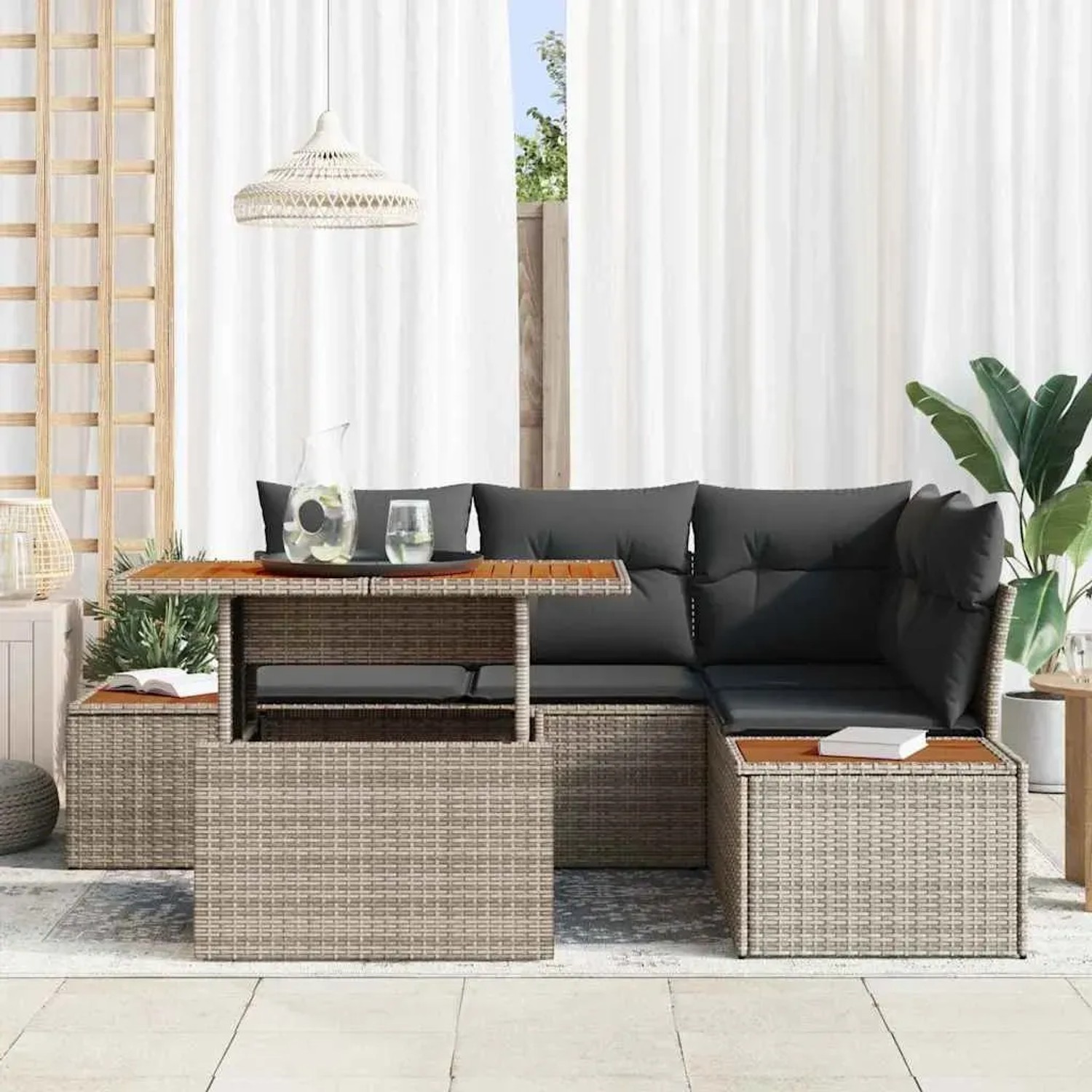 Graues 5-tlg. vidaXL Garten-Sofa-Set aus Poly Rattan mit Stauraum und Tisch.