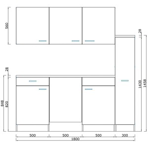 Skizze der Respekta Küchenzeile KB180ESWC, 180 cm, Weiß und Eiche Sonoma Sägerau Nachbildung.