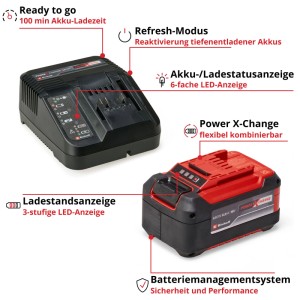 Einhell PXC-Starter-Kit: roter 5,2 Ah 18V Akku und schwarzes Ladegerät für Power X-Change Elektrowerkzeuge.