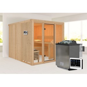 Karibu Sauna Svava mit Glasfront, Ofen und Steuerung. Massivholzsauna für entspannte Stunden.