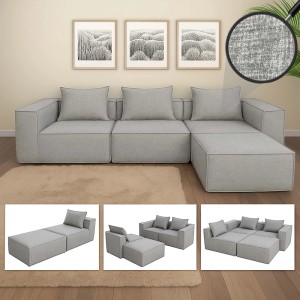 Modulares MCW L-Sofa O54 in Hellgrau, Stoffbezug, rechts/links stellbar. Inkl. Ottomane und Kissen. Flexibel erweiterbar.