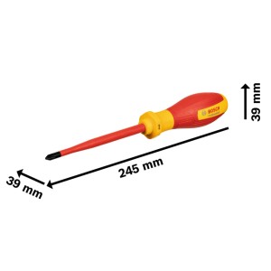Bosch Schraubendreher Pro VDE PH2 x 125 mm, isoliert, mit rotem Griff und gelbem Ansatz.