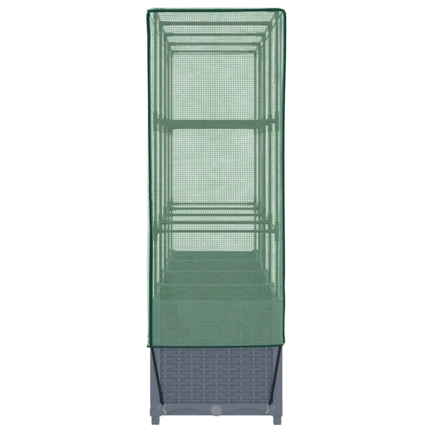Dunkelgraues vidaXL Hochbeet mit Gewächshaus-Aufsatz und Rattan-Optik.