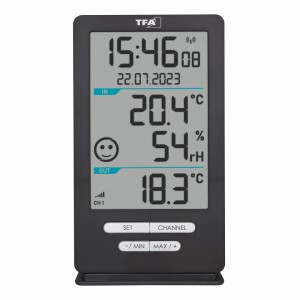 TFA Xena Home Funk-Thermometer mit Außensender, zeigt Innen- und Außentemperatur, Datum und Uhrzeit an.