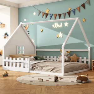 Weißes okwish Kinderbett 140x200 mit Hausleiste, ohne Matratze.