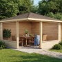 Unbehandeltes Alpholz Gartenhaus Maik-40 mit Spitzdach und Anbaudach im Garten.