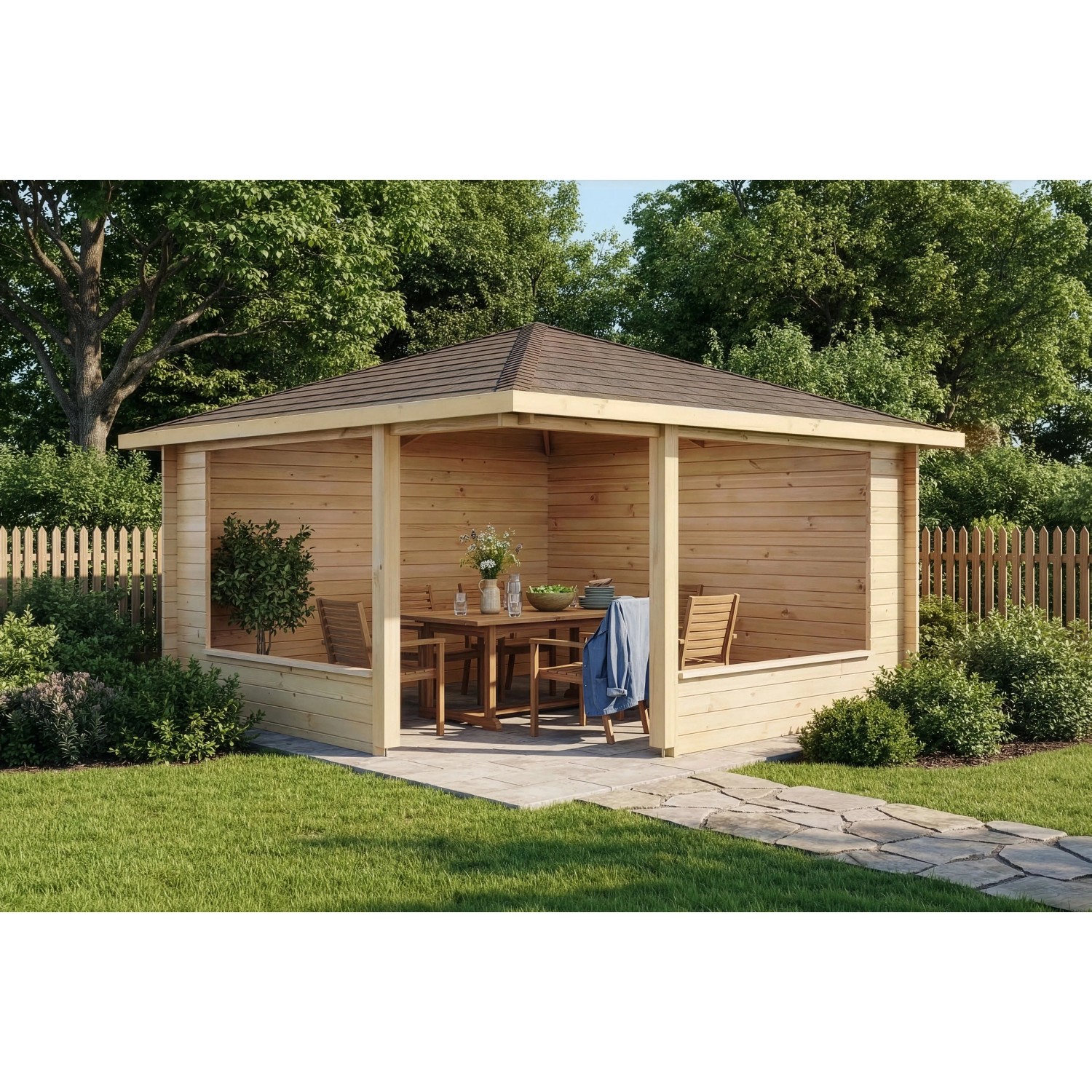 Unbehandeltes Alpholz Gartenhaus Maik-40 mit Spitzdach und Anbaudach im Garten.