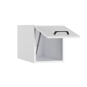 Weißer OPTIFIT Aufsatzschrank Bonn214, 30 cm breit, mit geöffneter Klappe und satingrauem Griff.